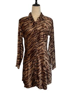 Nostalgia Tiger Print Button Velvet Down Shirt Dress Size S NWT